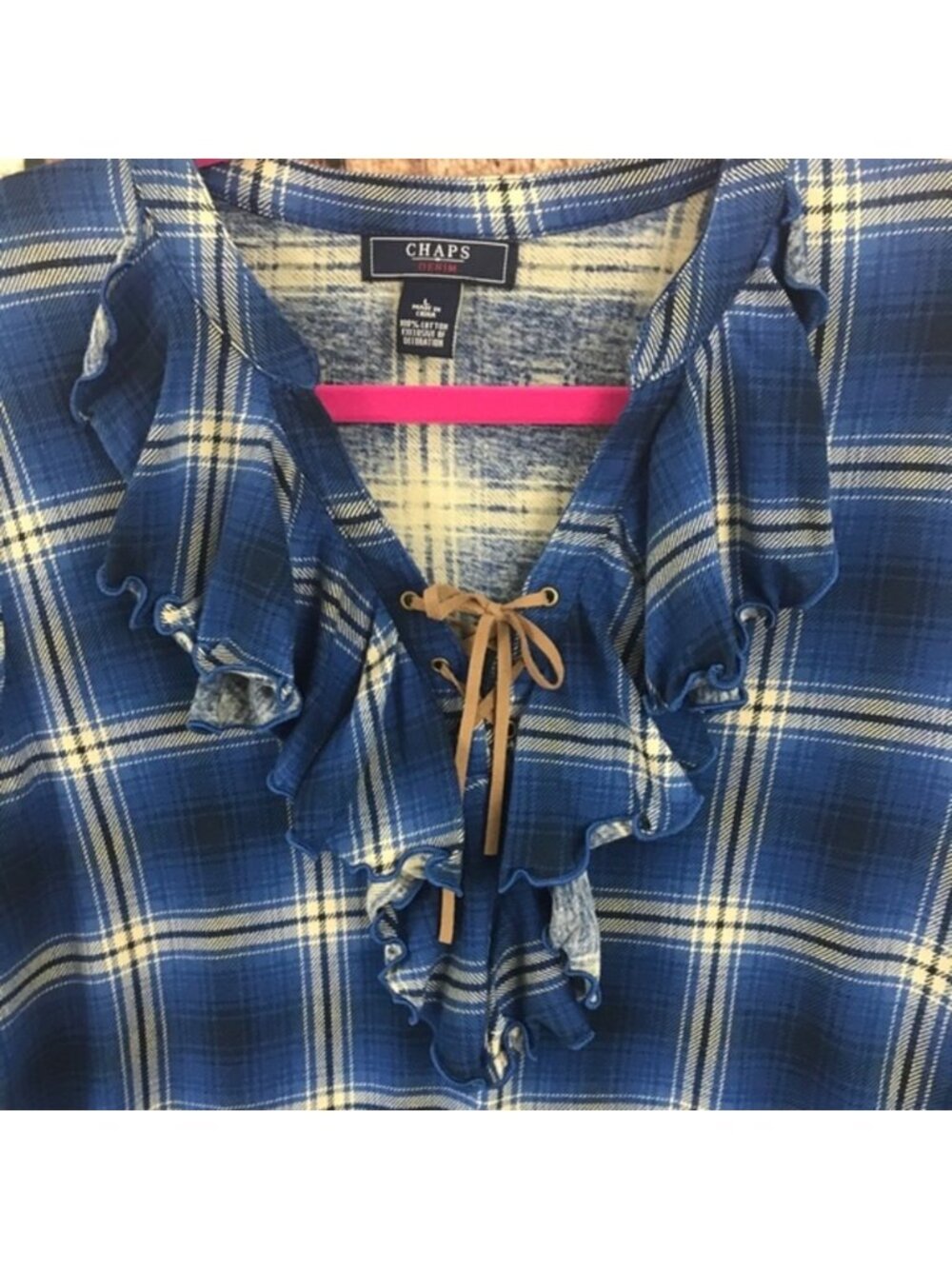 Denim Flannel Ruffled V Neck Pullover - Picture 4 of 7
